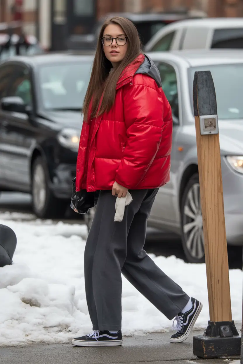 Trendy Winter 2025 - 2026 Puffer Jacket Outfit Relaxed Red Streetwear