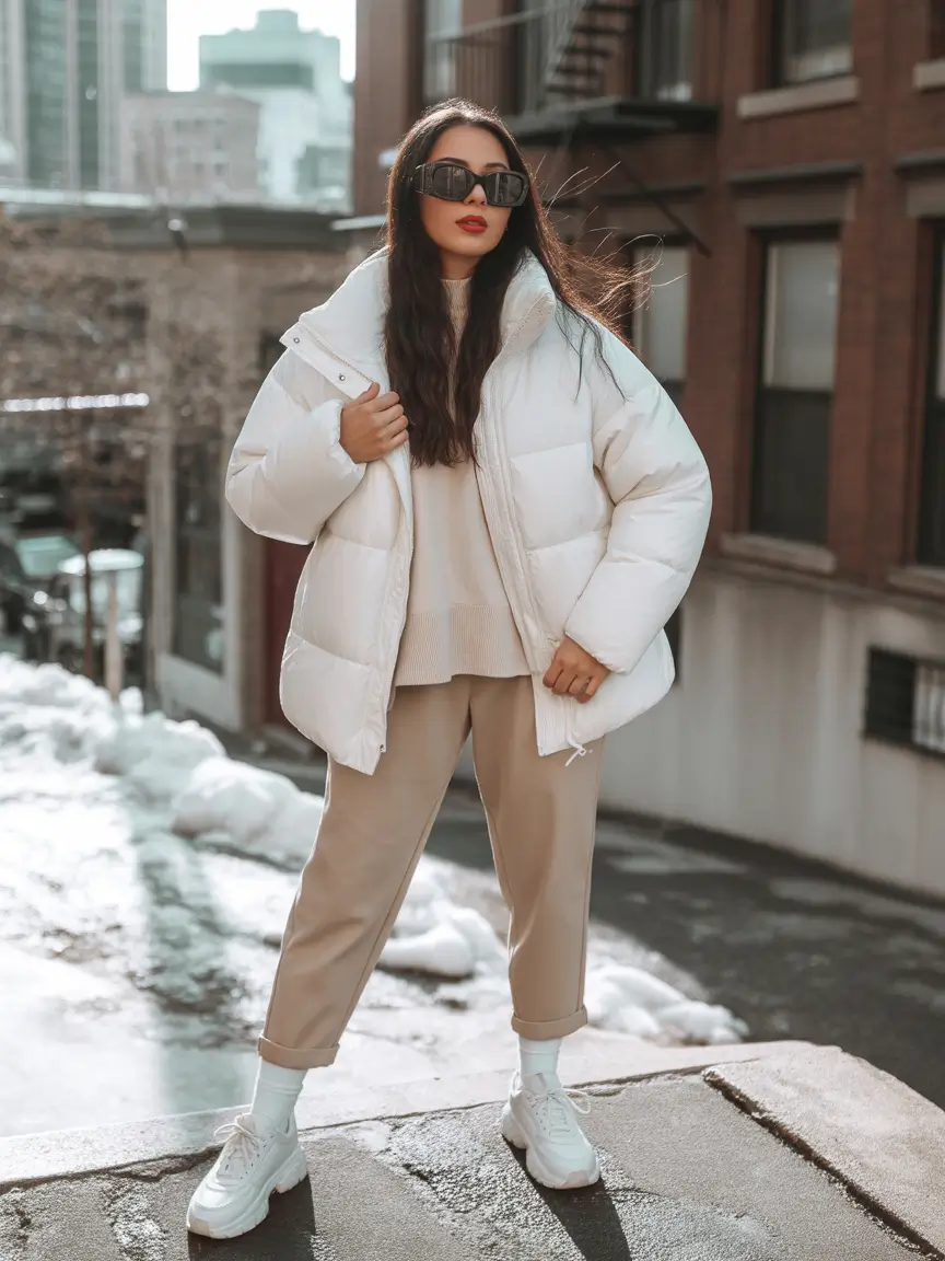 Trendy Winter 2025 -2026 Puffer Jacket Outfit All-White Winter Glow