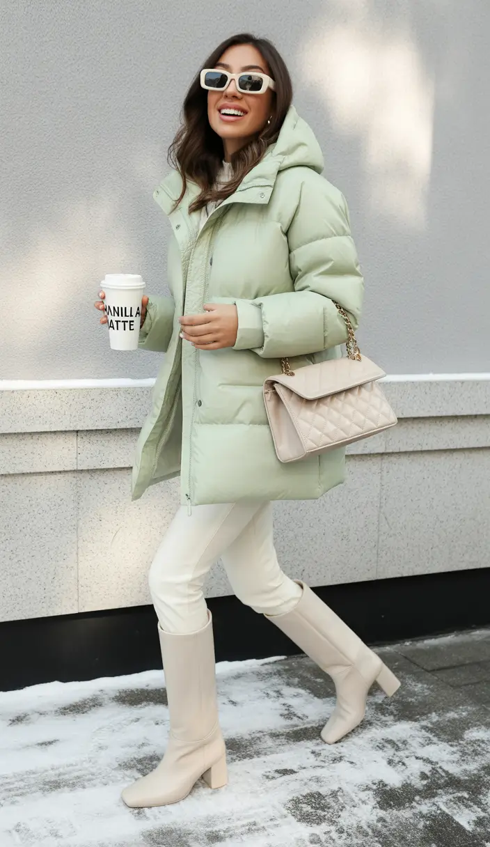 Trendy Winter 2025 - 2026 Puffer Jacket Outfit Mint Green Sophistication