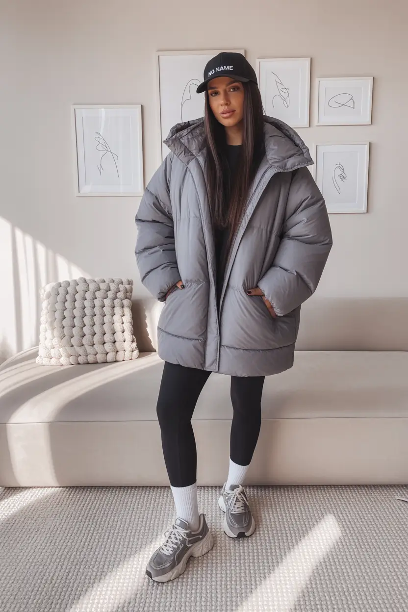 Trendy Winter 2025 - 2026 Puffer Jacket Outfit Relaxed Grey Oversized Cool