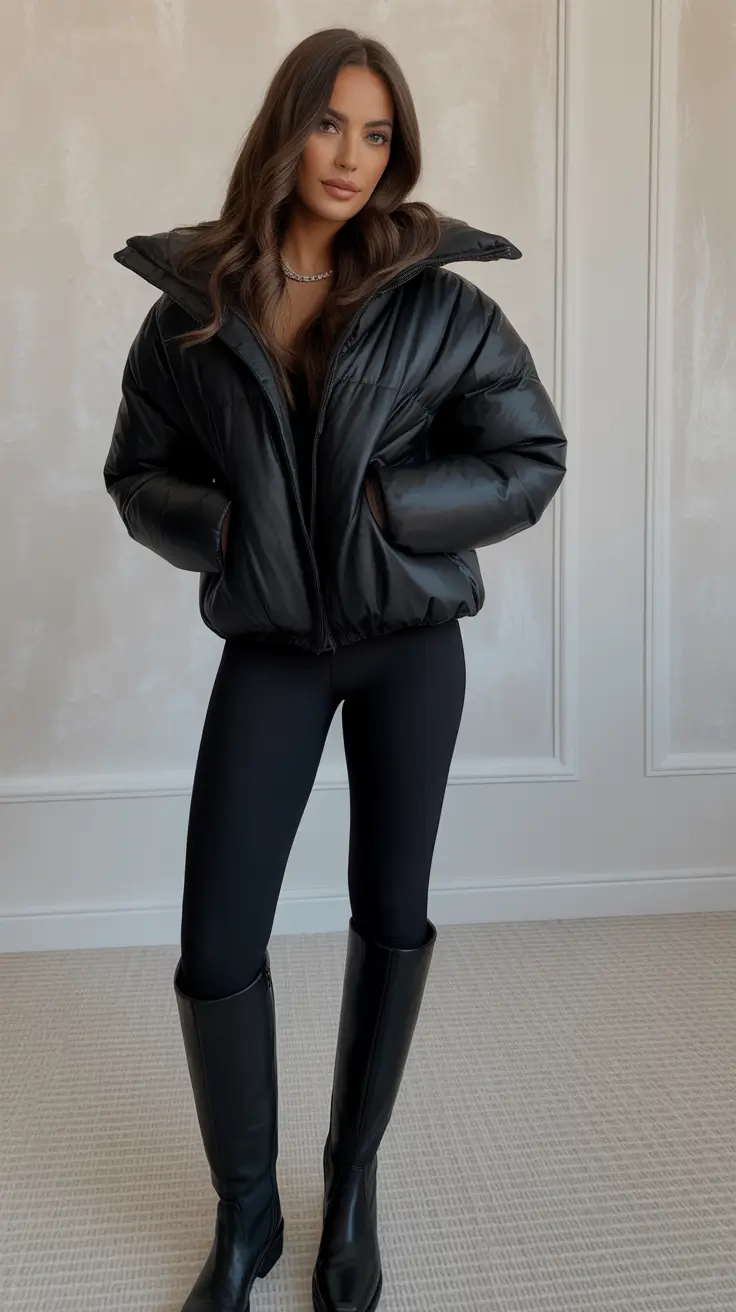 Trendy Winter 2025 - 2026 Puffer Jacket Outfit Classic Black Power Look