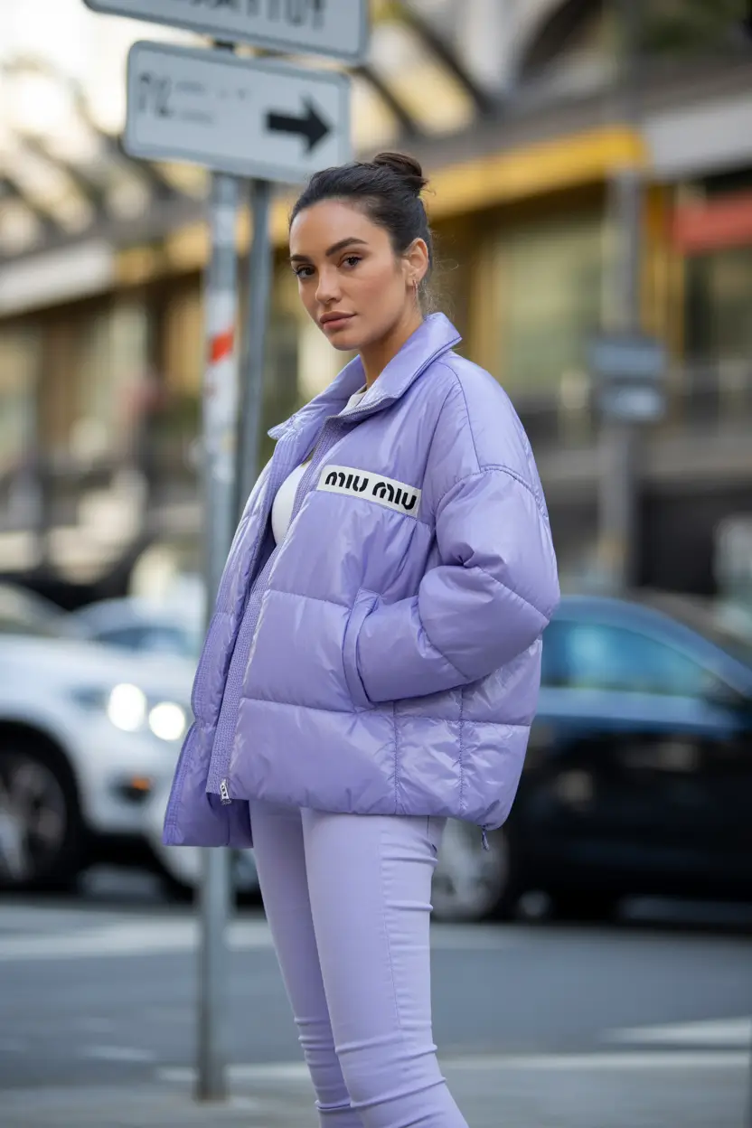Trendy Winter 2025 - 2026 Puffer Jacket Outfit Playful Lavender Street Style