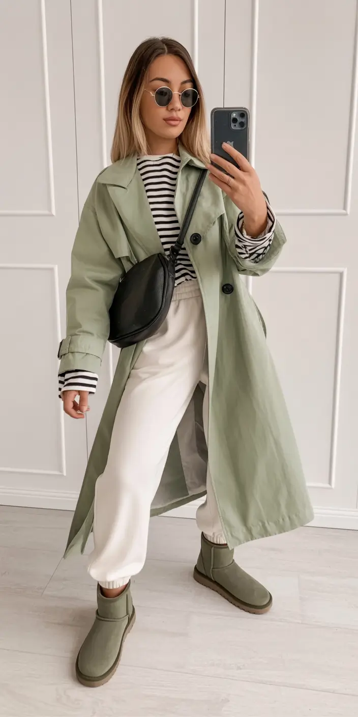 uggs outfit for winter 2025 / 2026 Striped Layers and Soft Green Trench