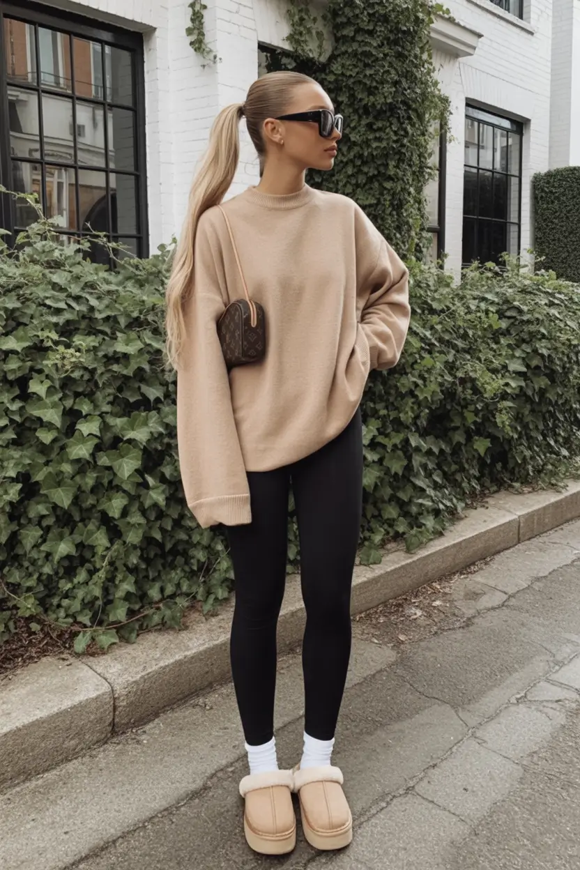 uggs outfit for winter 2025 / 2026 Oversized Beige Sweater with Leggings and Platform UGGs