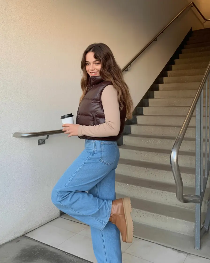 uggs outfit for winter 2025 / 2026 Denim Classics with Brown Puffer and UGGs