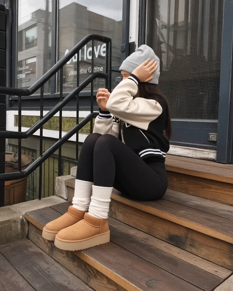 uggs outfit for winter 2025 / 2026 Sporty Varsity Layers with Leggings and UGGs
