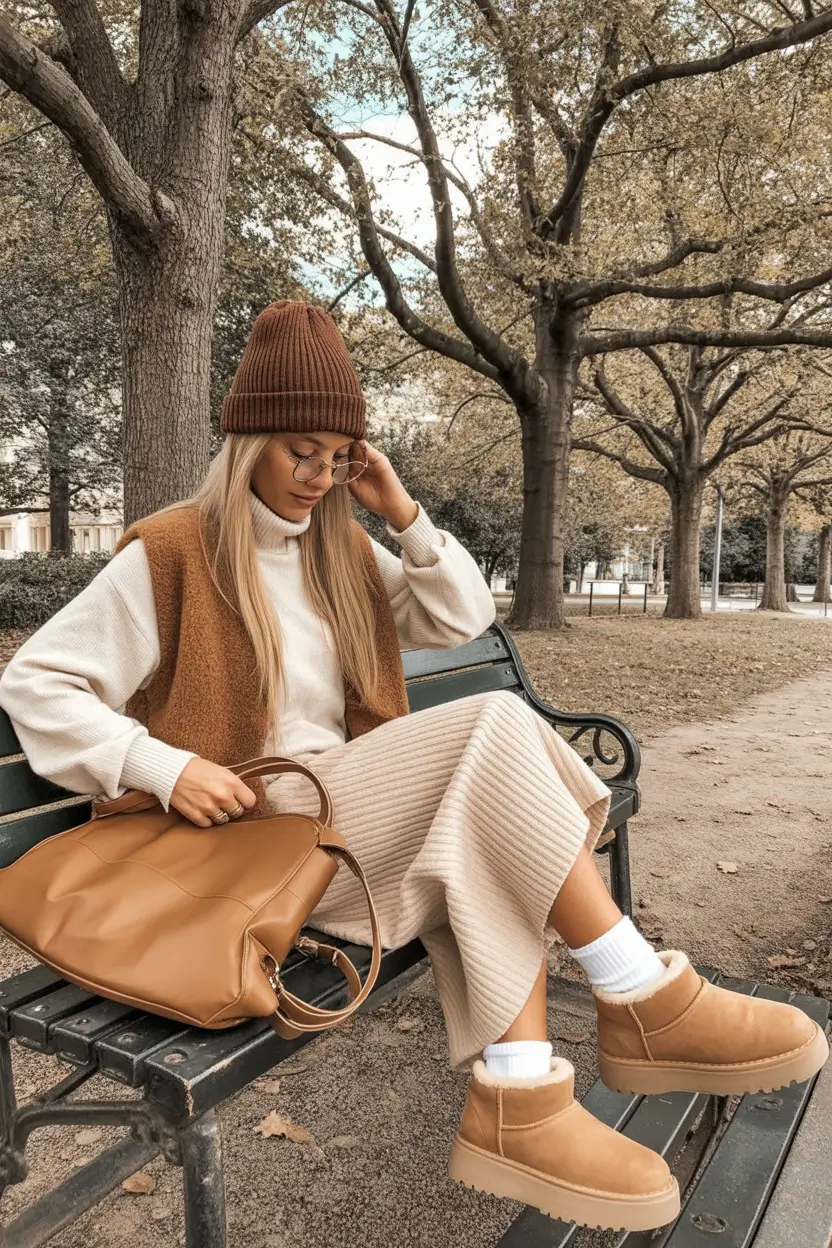 uggs outfit for winter 2025 / 2026 Earthy Tones with a Knitted Midi Skirt and UGGs