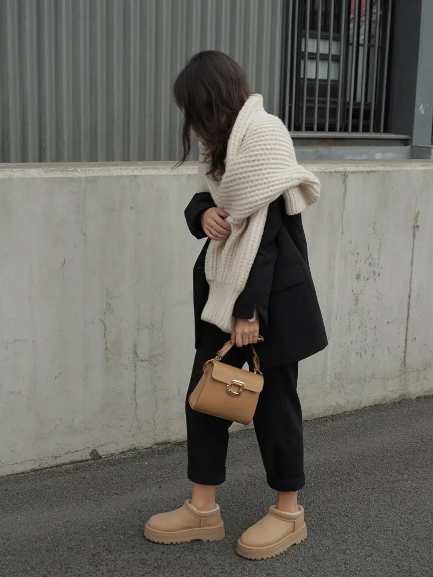 uggs outfit for winter 2025 / 2026 Monochrome Black with Oversized Scarf
