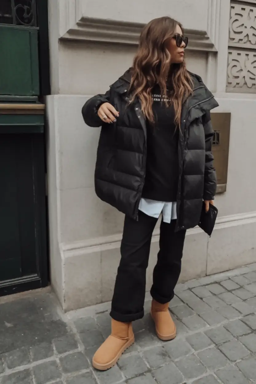 uggs outfit for winter 2025 / 2026 All-Black Street Look with Sand UGGs