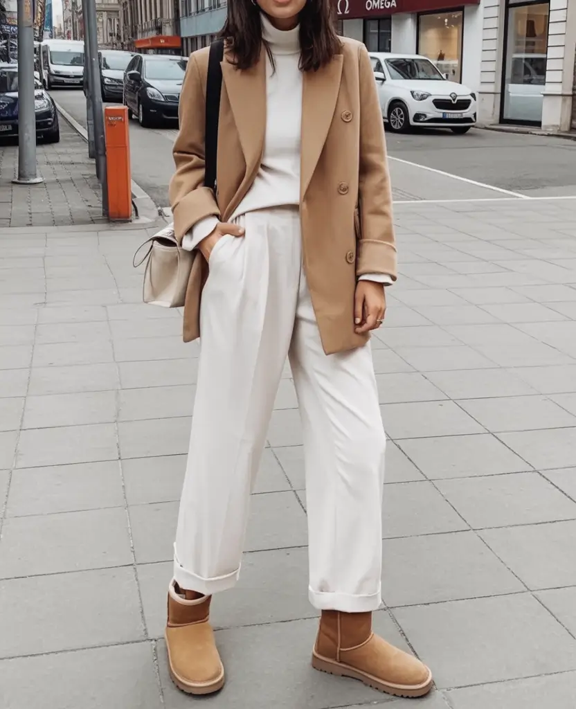 uggs outfit for winter 2025 / 2026 Beige Blazer and White Tailored Base