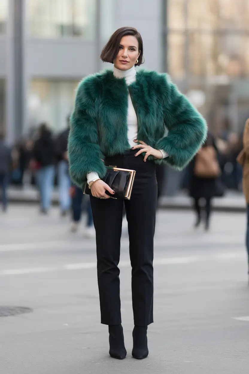 Winter 2025-2026: going out outfit ideas Emerald Statement Cropped Fur