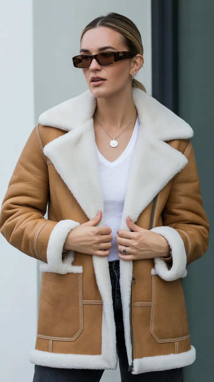 Winter 2025-2026: going out outfit ideas Shearling Chic with Minimalist Energy