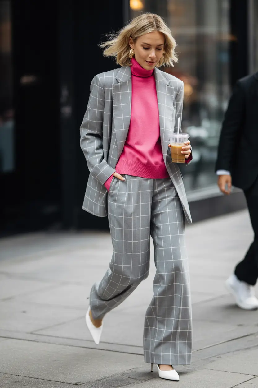 Winter business casual Work Outfits 2025 - 2026 Style Guide Checkmate with a Pop of Pink