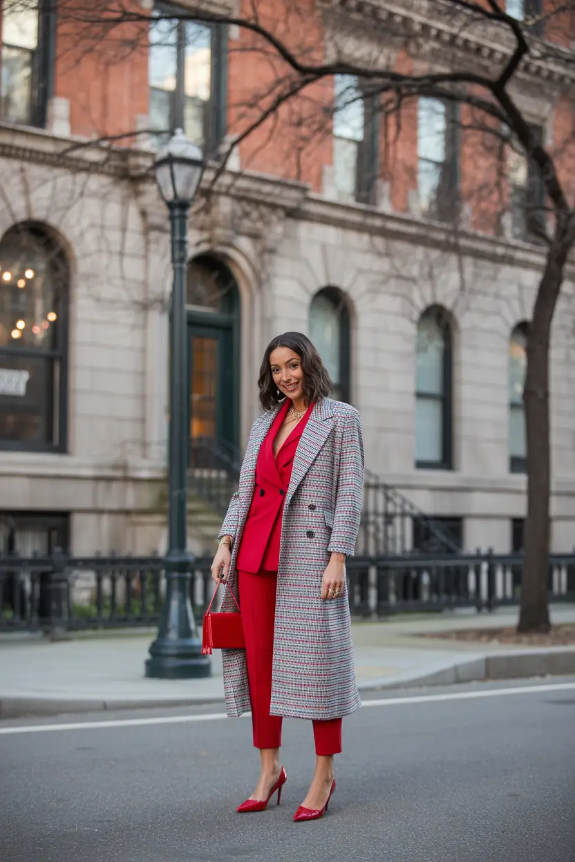 Winter business casual Work Outfits 2025 - 2026 Style Guide Red Suit with Heritage Coat