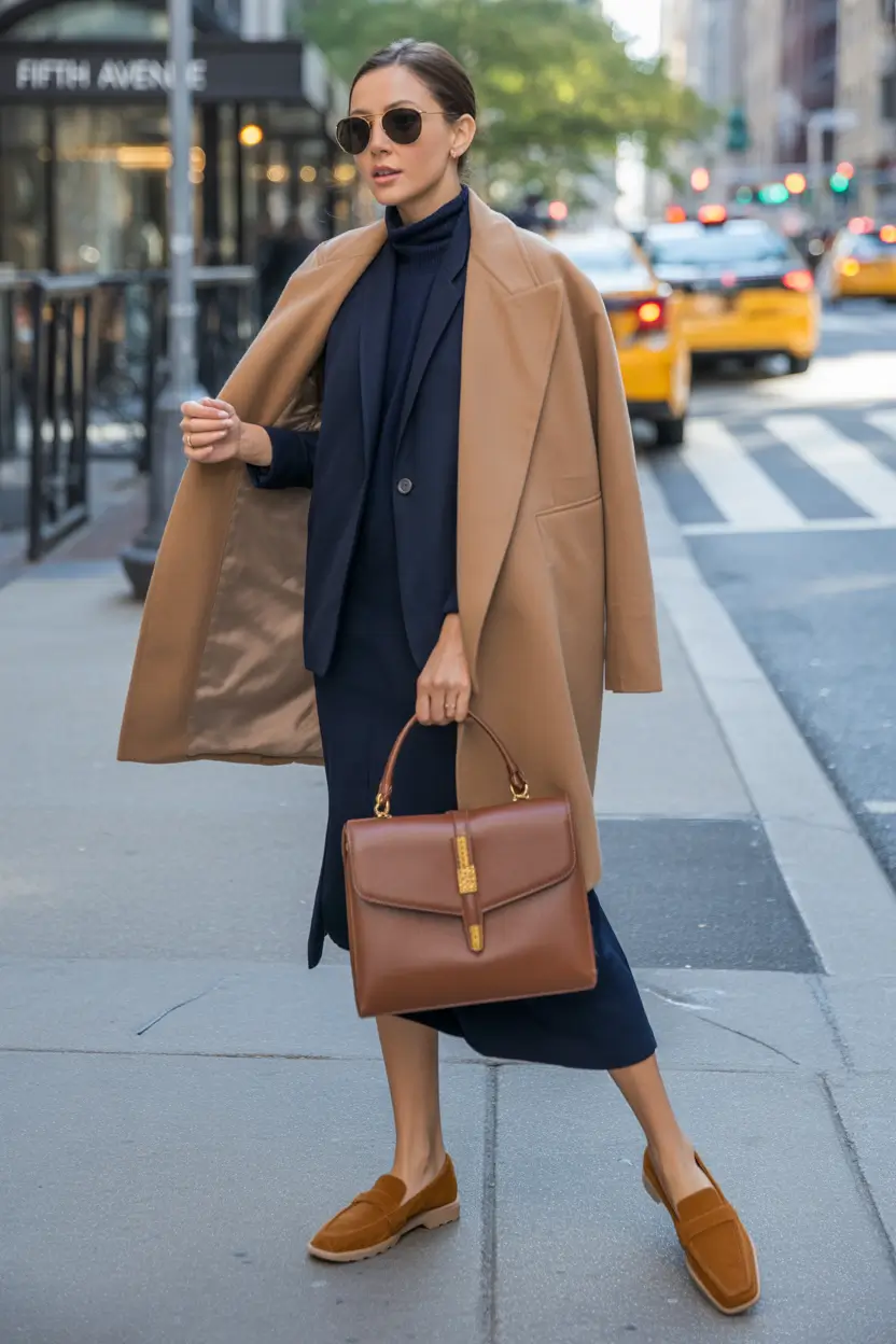 Winter business casual Work Outfits 2025 - 2026 Style Guide Camel Meets Navy Sophistication
