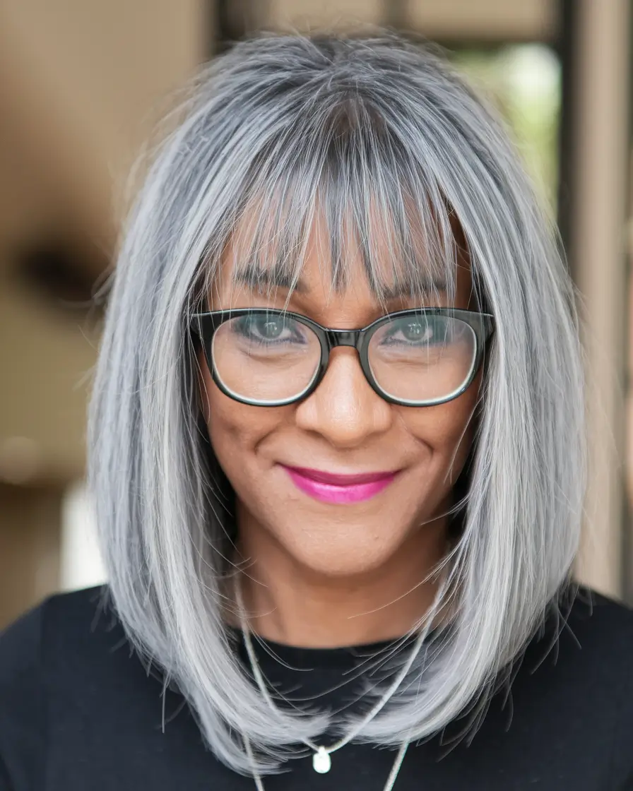 Winter Hairstyles & Color 2025-2026 for Women Over 40 Silver Bob with Fringe Elegance