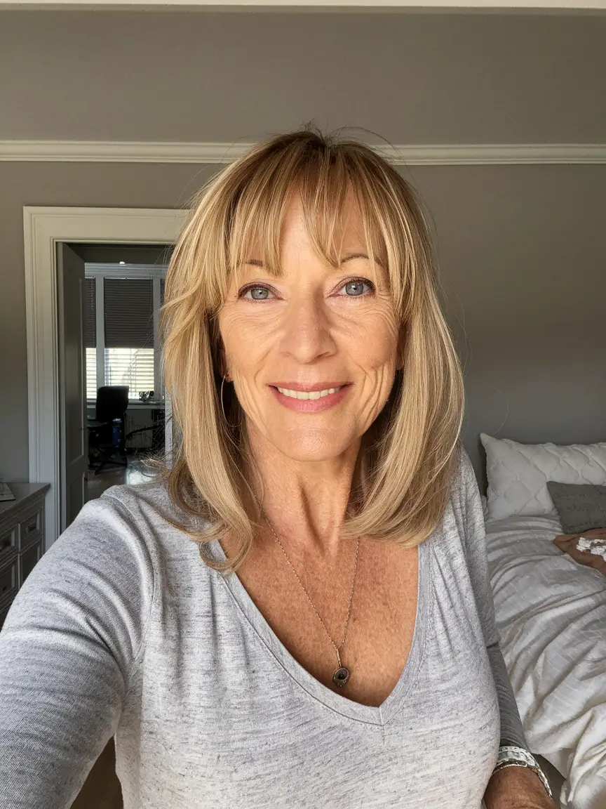 Winter Hairstyles & Color 2025-2026 for Women Over 40 Soft Blonde Layers with Wispy Bangs