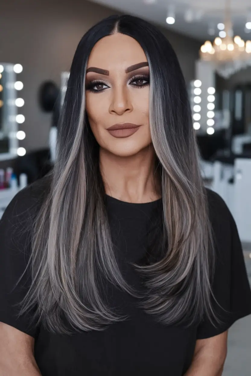 Winter Hairstyles & Color 2025-2026 for Women Over 40 Dark-to-Silver Sleek Layers