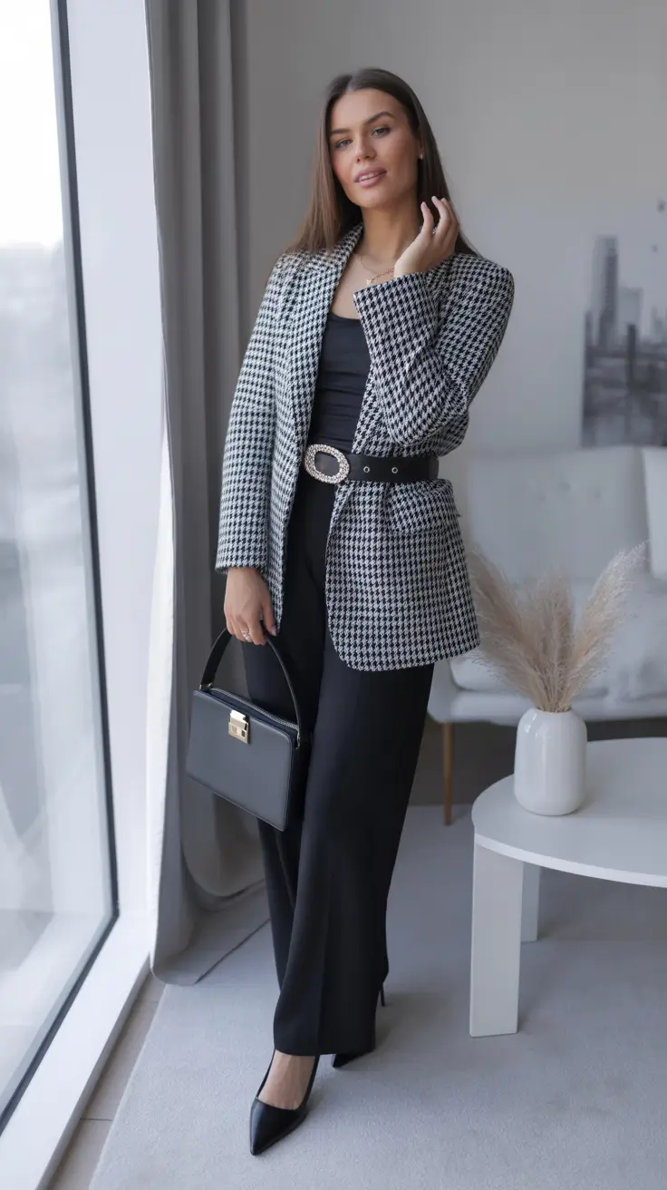 winter office outfits for work ideas 2025 - 2026 Belted Houndstooth Authority
