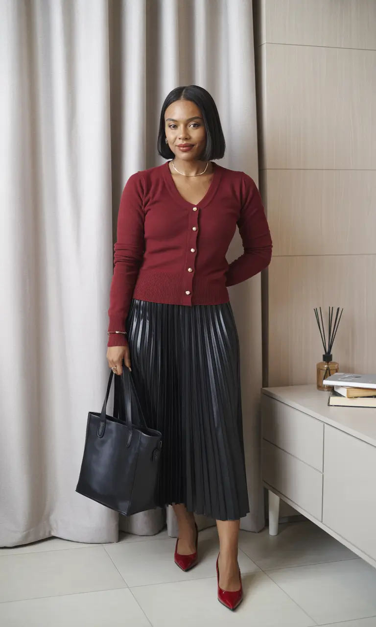 winter office outfits for work ideas 2025 - 2026 Burgundy & Pleats Elegance