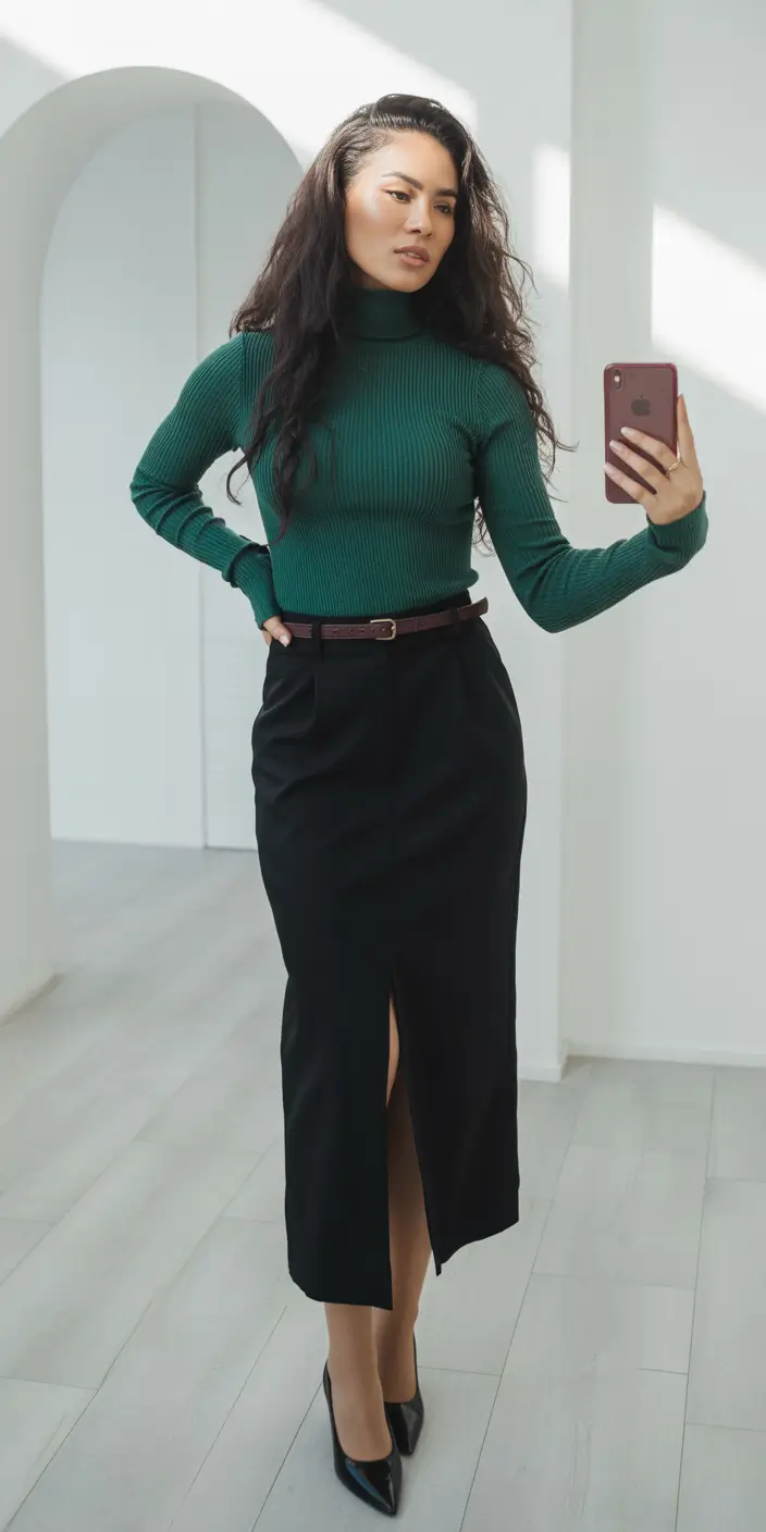 winter office outfits for work ideas 2025 - 2026 Green Knit Elegance