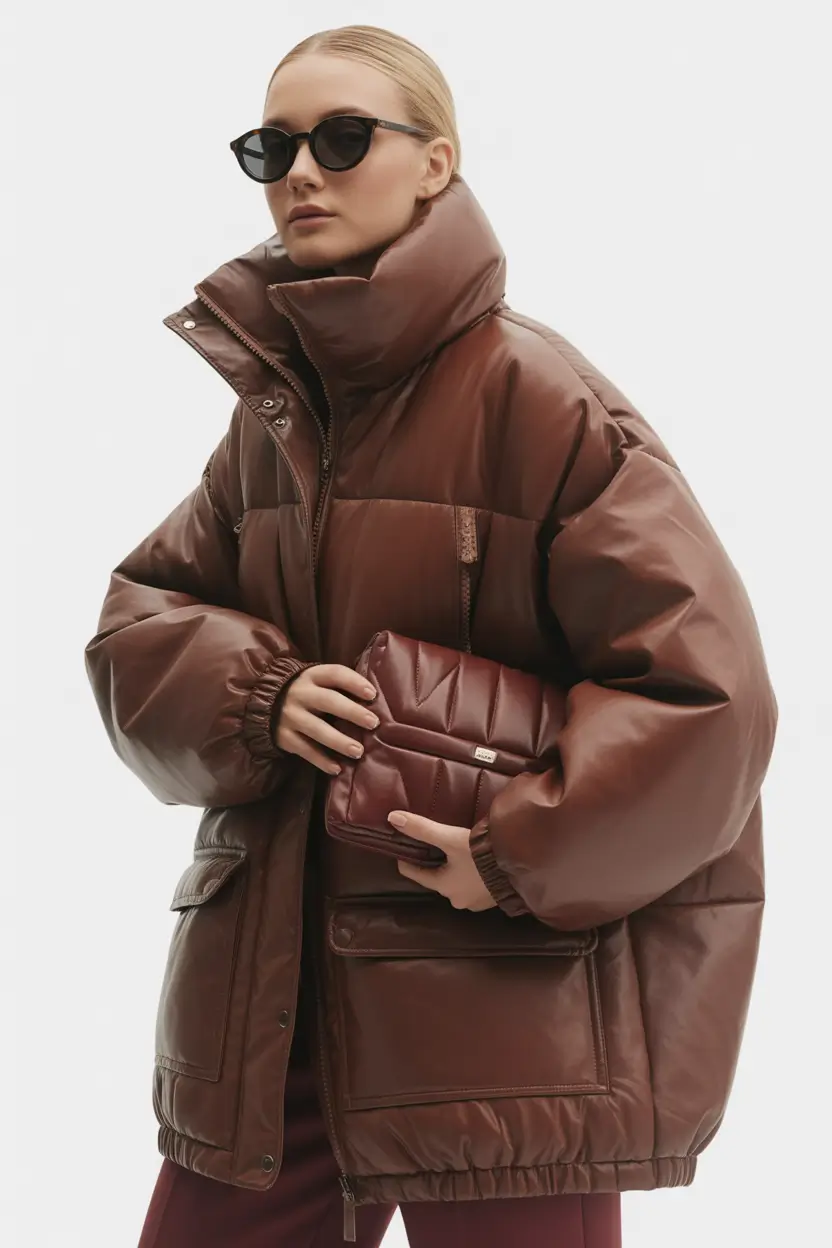 winter outfits cold Weather ideas 2025 / 2026 Oversized Leather Puffer in Rich Brown