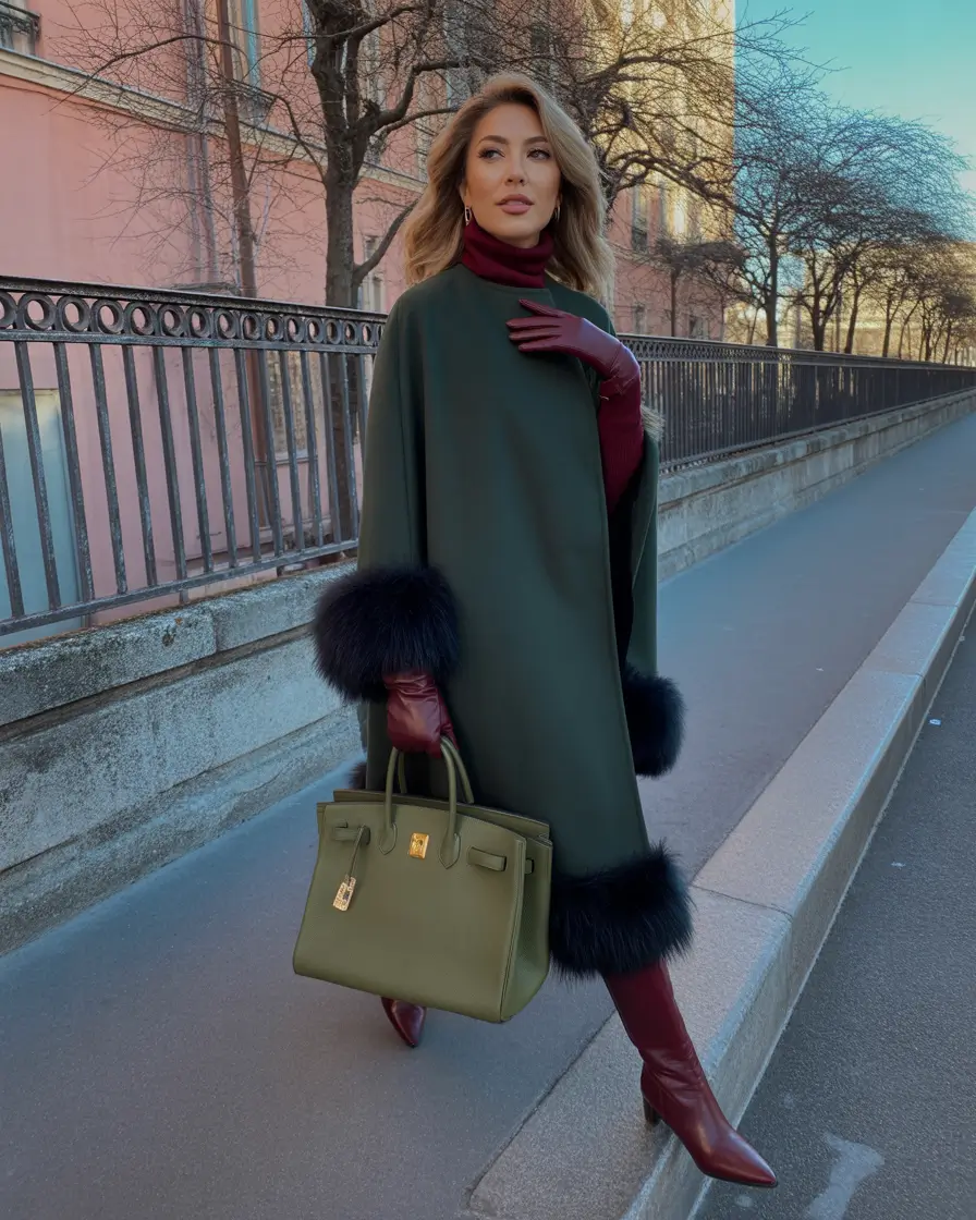 winter outfits cold Weather ideas 2025 / 2026 Forest Green Cape with Burgundy Accents