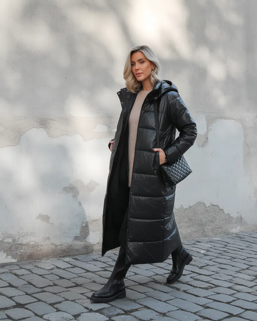 winter outfits cold Weather ideas 2025 / 2026 Quilted Black Puffer with Neutrals