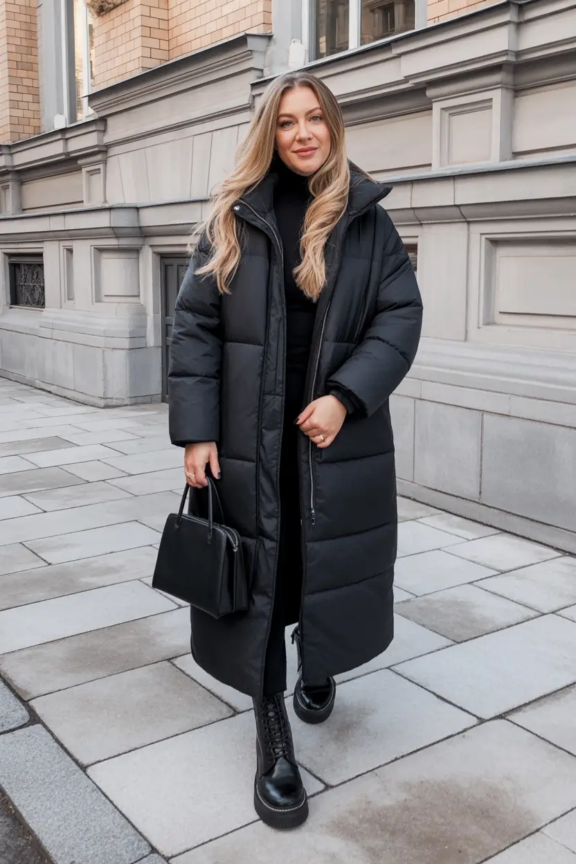 winter outfits cold Weather ideas 2025 / 2026 Longline Black Puffer with Chunky Boots