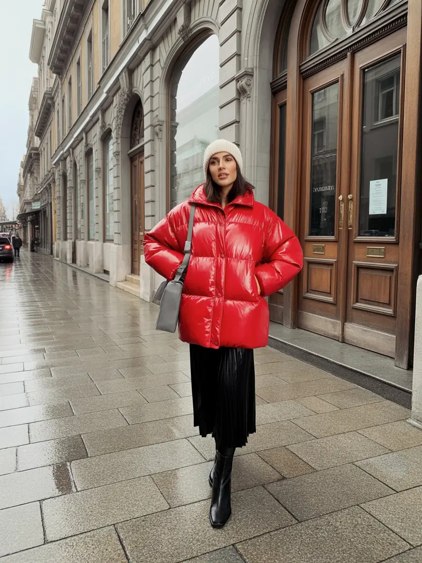 winter outfits cold Weather ideas 2025 / 2026 Red Puffer with Black Skirt