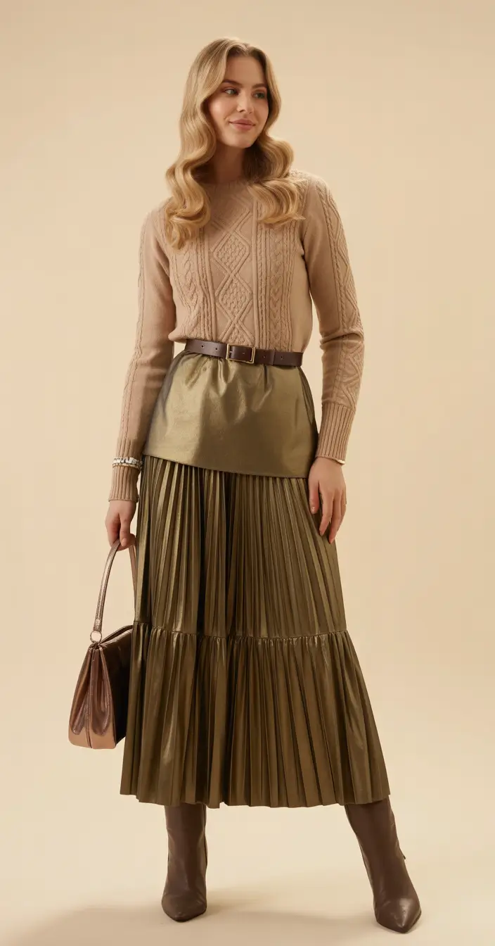winter outfits cold Weather ideas 2025 / 2026 Olive Pleated Skirt with Camel Knit