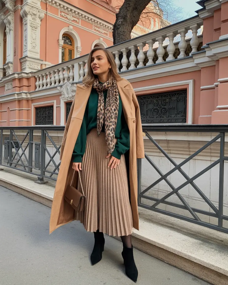 winter outfits cold Weather ideas 2025 / 2026 Leopard Accent with Pleated Skirt