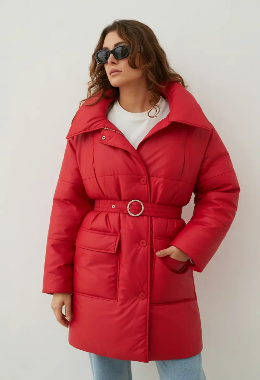 winter outfits ideas 2025 / 2026 Red Belted Puffer