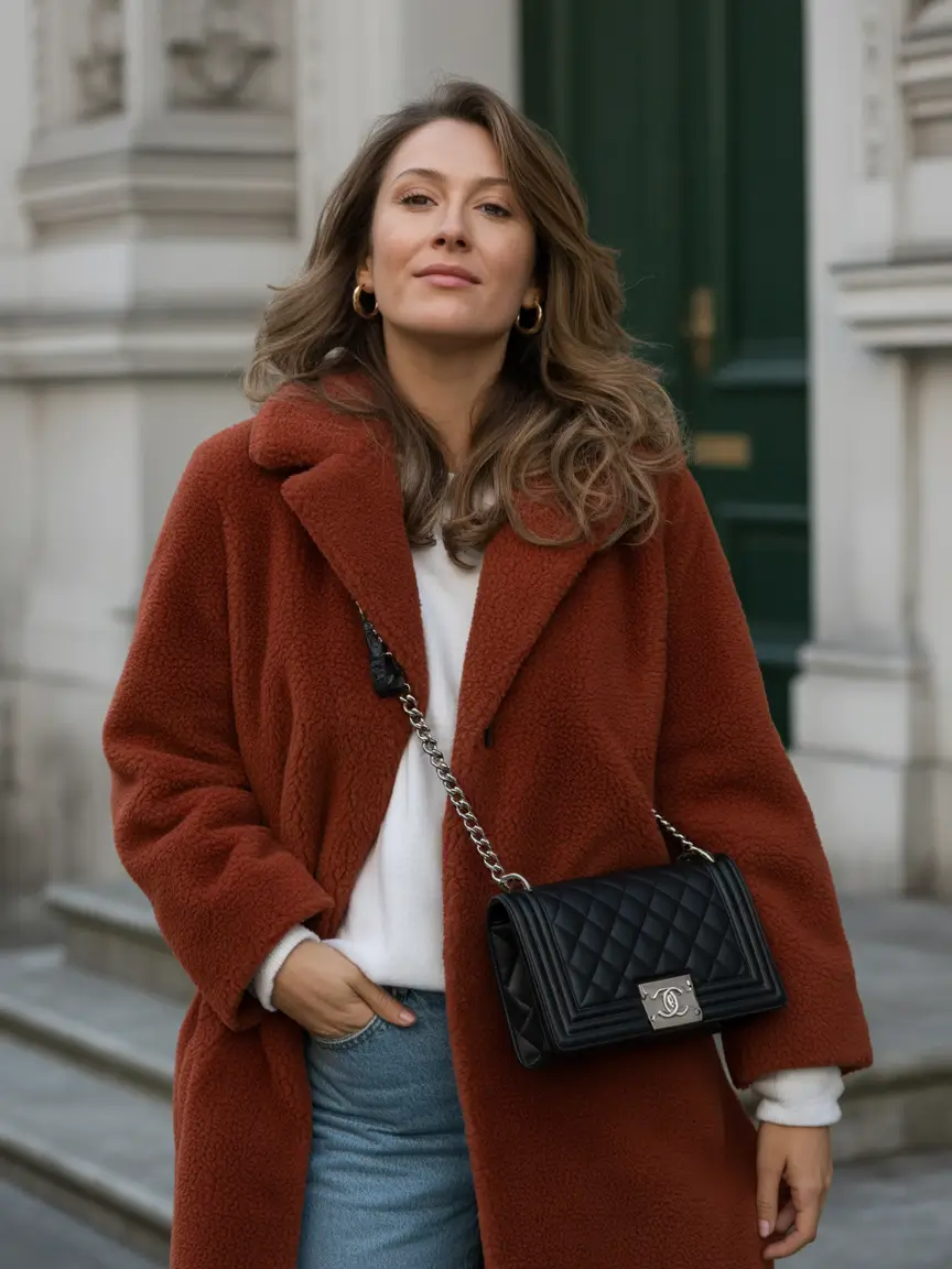 winter outfits ideas 2025 / 2026 Rust-Toned Teddy Coat