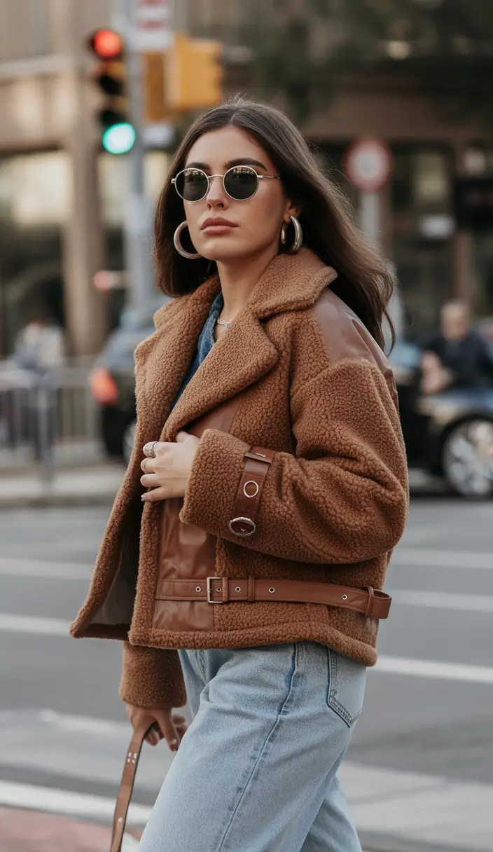 winter outfits ideas 2025 / 2026 Urban Teddy with Leather Details