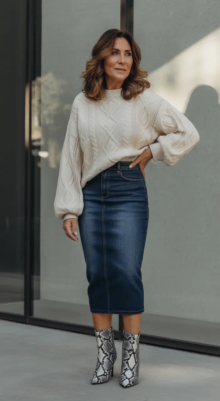 Winter Outfits Over 40 Style Guide 2025 - 2026 Denim Skirt with Statement Boots