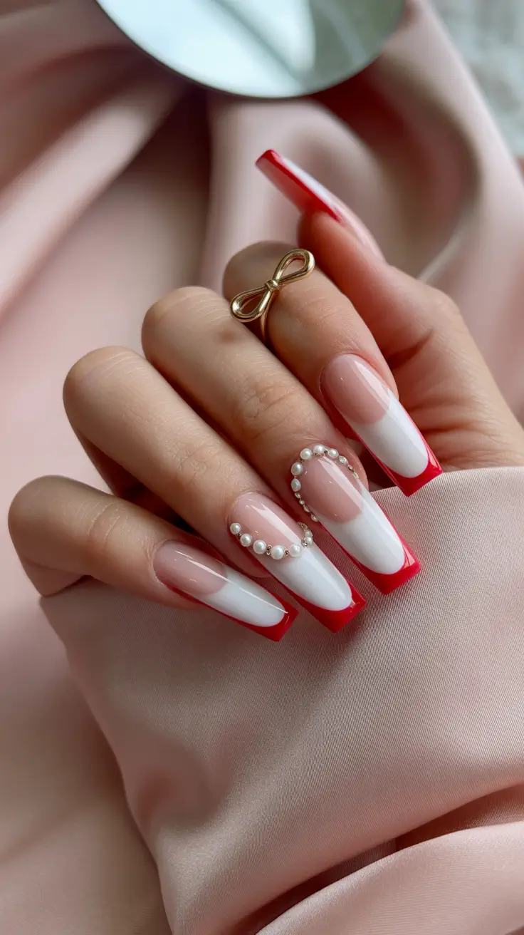 christmas french nails ideas 2025 Red French Elegance with Pearls