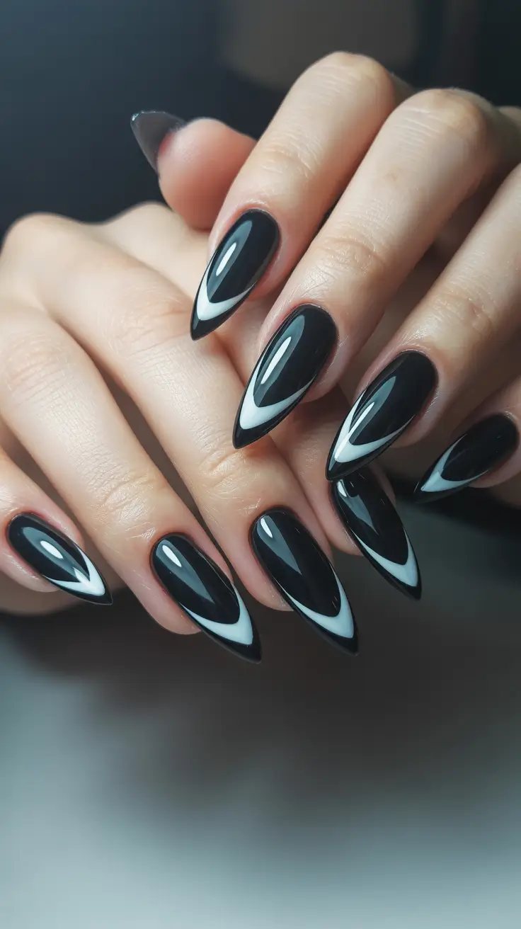 christmas french nails ideas 2025 Black and White Almond Drama