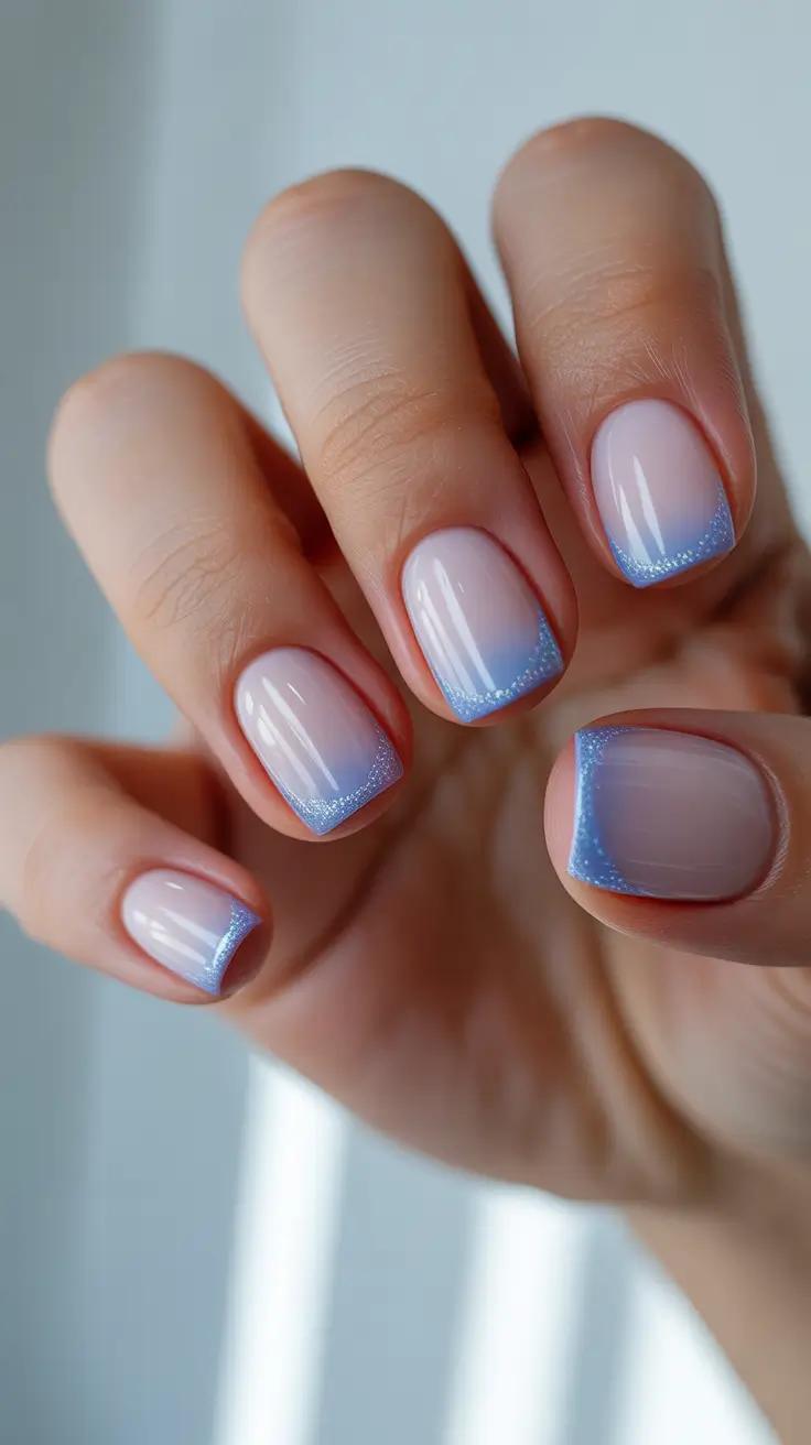 christmas french nails ideas 2025 Frosted Blue French Tips