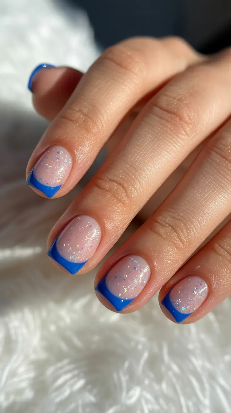 christmas french nails ideas 2025 Blue Sparkle Joy