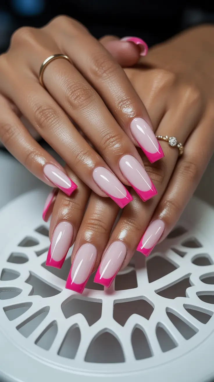 christmas french nails ideas 2025 Hot Pink Holiday Twist