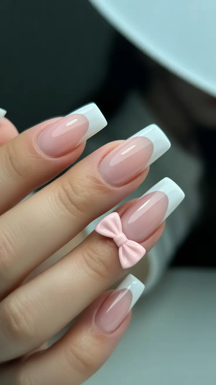christmas french nails ideas 2025 Soft White French with a Baby Pink Bow