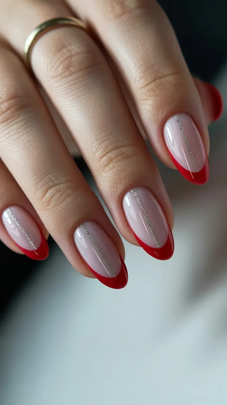 christmas french nails ideas 2025 Scarlet Glow with Silver Lines
