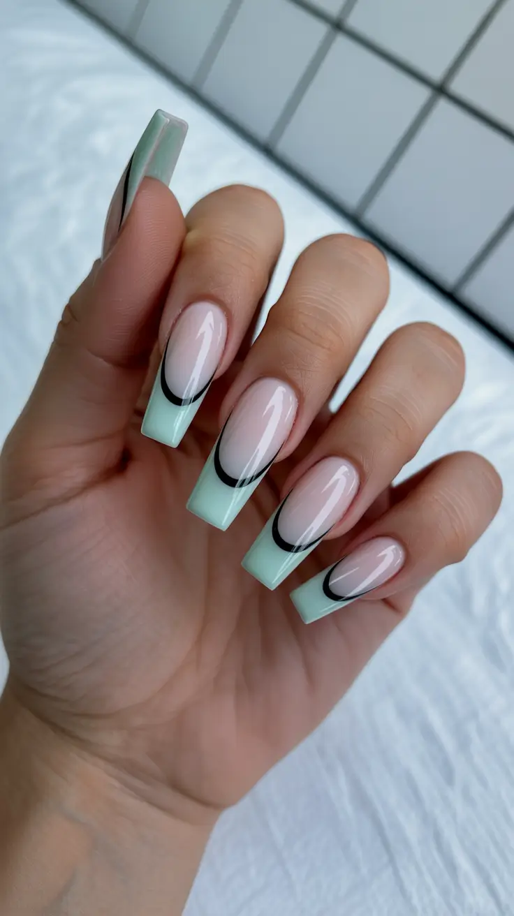 christmas french nails ideas 2025 Mint & Black Edge French