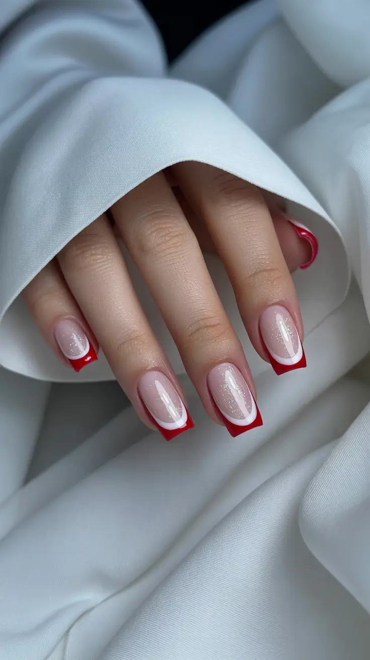 christmas french nails ideas 2025 Classic Red French with a Modern Curve