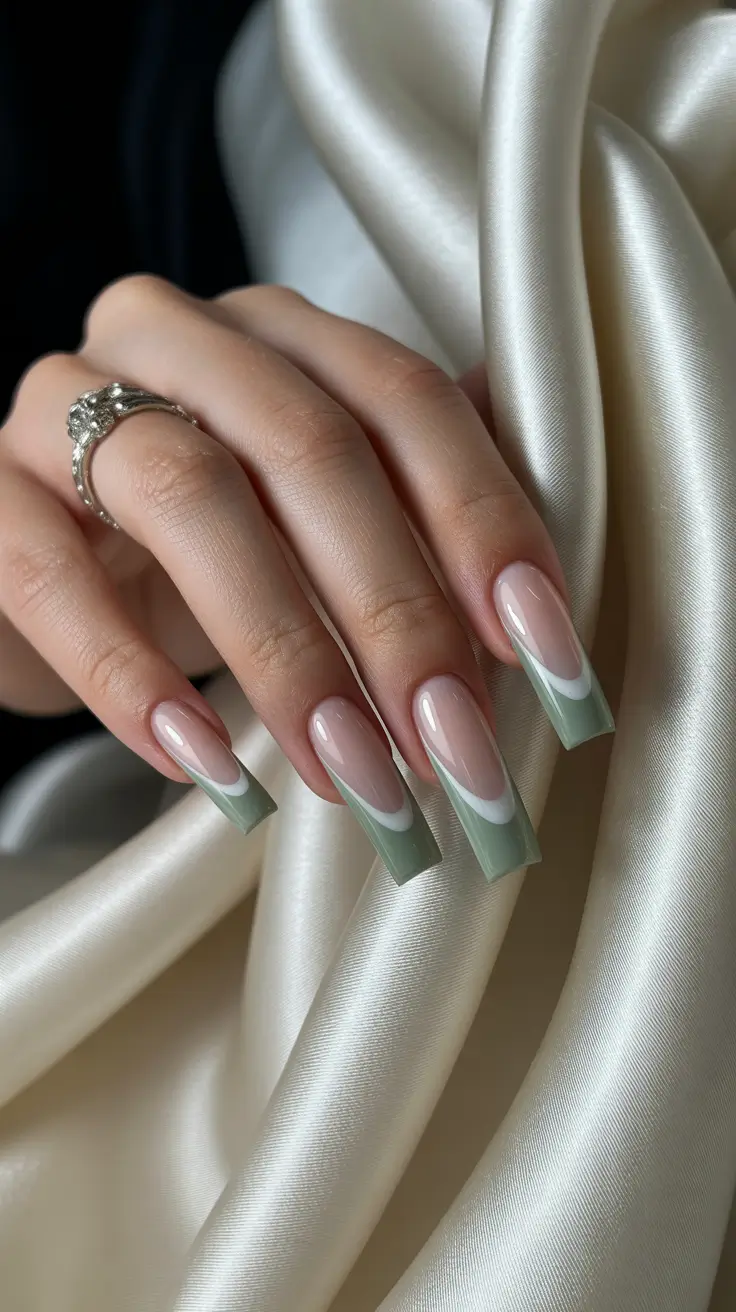 christmas french nails ideas 2025 Sage Whisper French