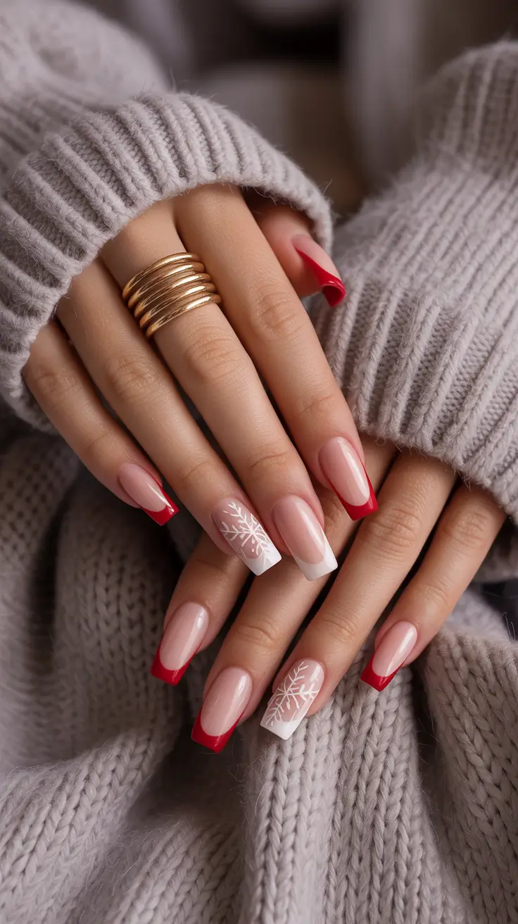 christmas french nails ideas 2025 Red and White Snowflake Charm