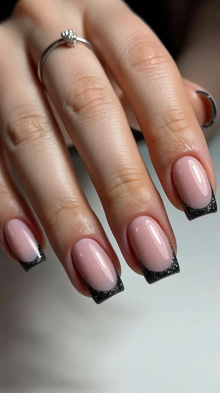 christmas french nails ideas 2025 Midnight Glitter French