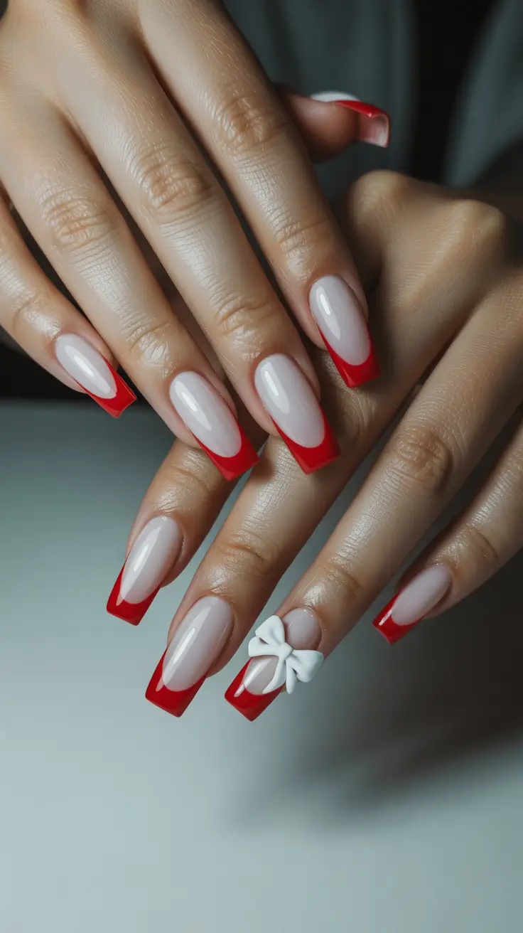 christmas french nails ideas 2025 Festive Red French with Bow Accent