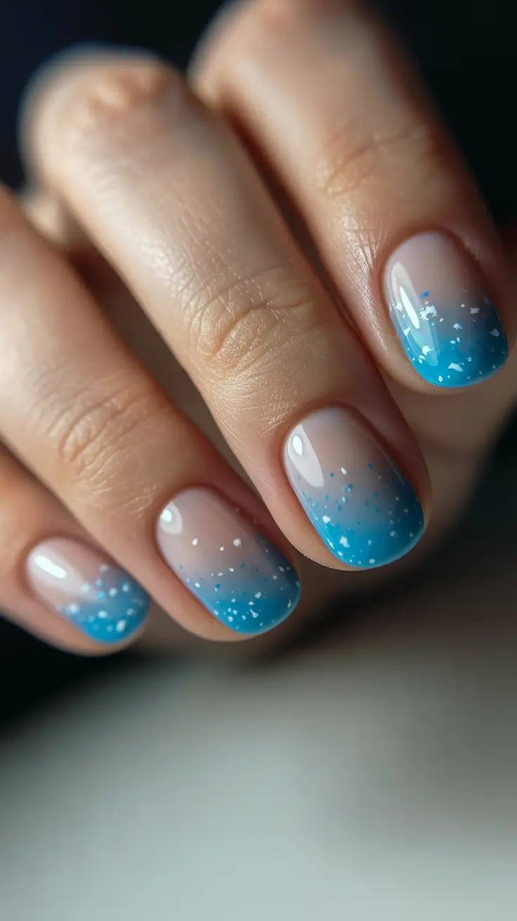 christmas gel nails ideas 2025 Snowflake Blue Gradient